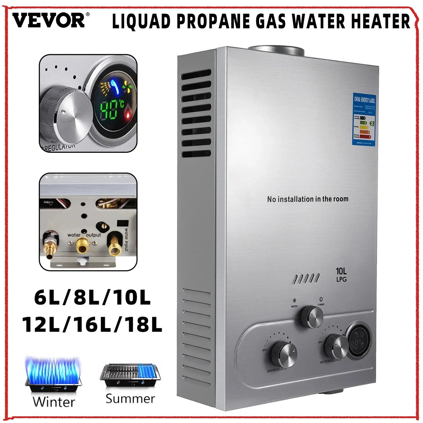 VEVOR 6L 8L 10L 12L 16L 18L LPG Portable Instand Water Heater